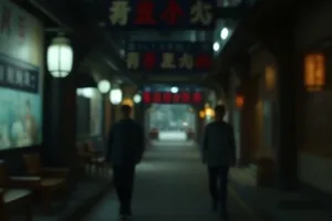 夜晚天台上两个人影望向远处城市灯火的电影画面